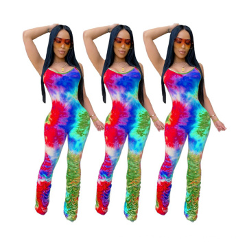 Color printed pleated suspenders jumpsuit A tight, elastic one-piece garment